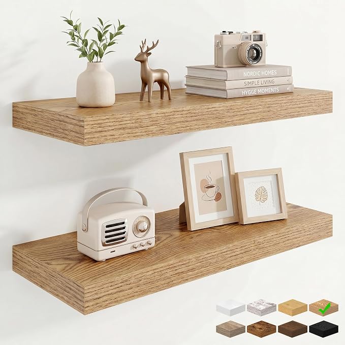 9.25in Depth 24in Floating Shelves, 24x9.25x1.4, Light Brown, Set of 2 | Wall Mounted Engineered Wood Shelves, Invisible Brackets for Living Room, Bedroom, Bathroom, Kitchen Decor and Storage