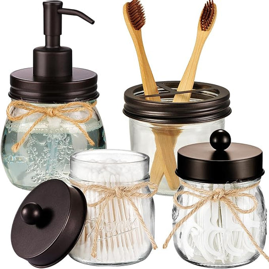 Amolliar Mason Jar Bathroom Accessories Set 4 Pcs -Lotion Soap Dispenser & 2 Qtip Holders & Toothbrush Holder - Rustic Farmhouse Decor, Bathroom Home Decor (Bronze)