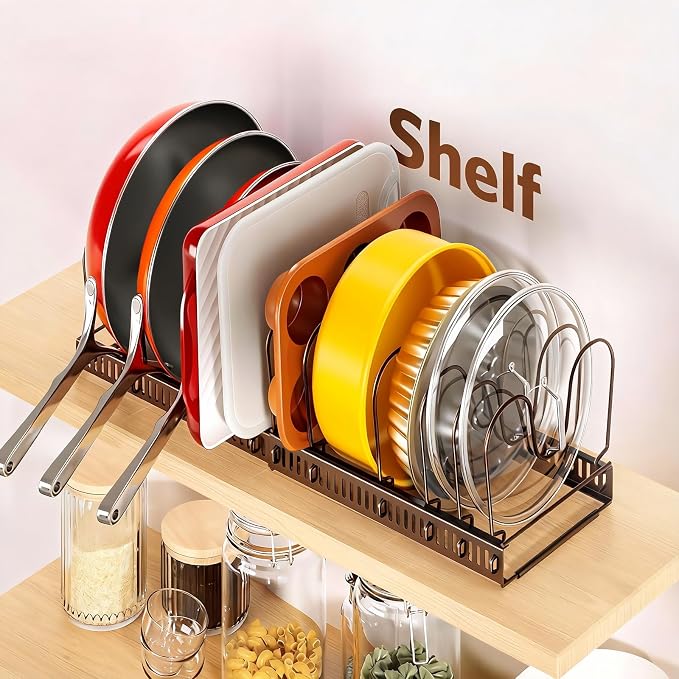 Pots and Pans Organizer under Cabinet, 11.8-22.8" 12 Dividers Bronze | Extends 11.8-22.8", Holds pot lids, pans, cookware and bakeware, Adjustable dividers, for under cabinet or countertop
