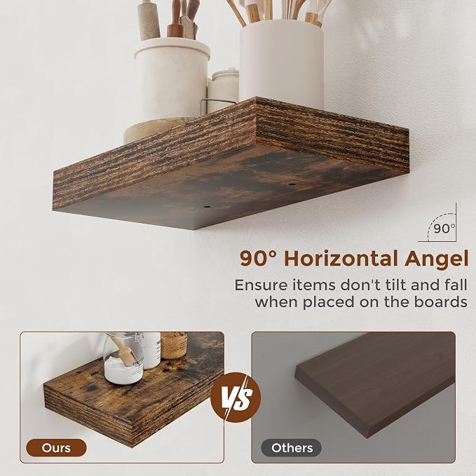 Heimlove 16 Inch Floating Shelves for Wall Set of 2, Rustic Brown Wall Mounted Wood Shelves 8 Inch Deep with Invisible Brackets for Bedroom Kitchen Living Room