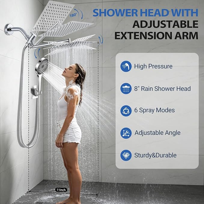 Shower Head, Rain Shower Head with Handheld Spray Combo, 8 Inch Adjustable High Pressure Rainfall Shower Head, Dual Showerhead Set with Extension Arm