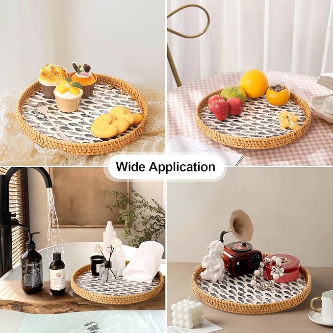 Round Rattan Tray with Mother of Pearl Inlay, Rattan Serving Tray for Coffee, Bread, Fruits, Decorative Wicker Tray for Table Decor, Home Decor, Kitchen Island Decor (Black Fish, 11.8")