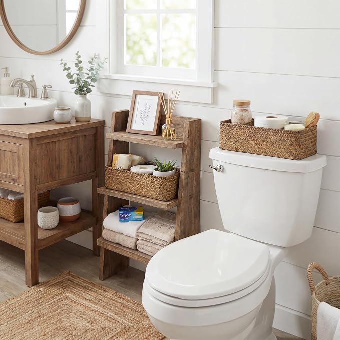 StorageWorks Toilet Paper Basket, 3-Section Toilet Tank Basket, Seagrass | Wicker Basket, Toilet Paper Storage for Back of Toilet Tank, Woven Baskets for Shelves, Wicker Baskets with 3 Compartments