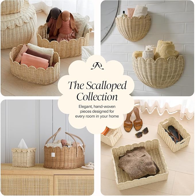 BEBE BASK Scalloped Wicker Wall Basket - The Original - 16 x 10 x 7 In | Handwoven Basket, Scalloped Décor Wall Hanging Baskets, Hanging Wall Basket, Rattan Wall Storage Basket for Home (Natural)