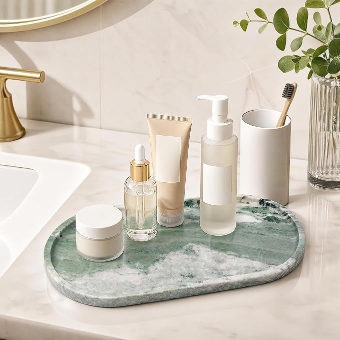 Natural Marble Tray, 12.6"x6.3" Bathroom Vanity Tray for Home Decor | Jewelry Holder Dish, Kitchen Counter Accessories for Perfume Candles Soap, Smooth and Easy to Clean, Large Catchall Tray
