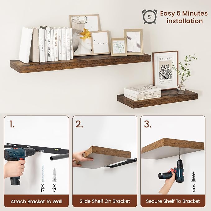 Vivelove 12" Deep Floating Shelves 24x12” Set of 2, Rustic Brown | Easy Install With Hardware, 2" Thick, Invisible Brackets, Wall Mounted, No Sagging, For Any Room