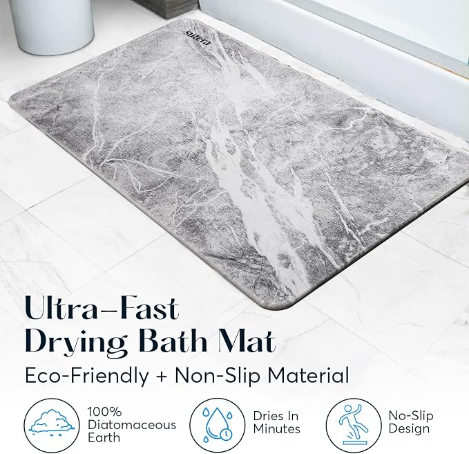Stone Bath Mat for Bathroom, Dries in Seconds - Diatomaceous Earth, Granite | Super absorbent, quick-drying & easy to clean. Natural material that lasts — restores with light sanding.