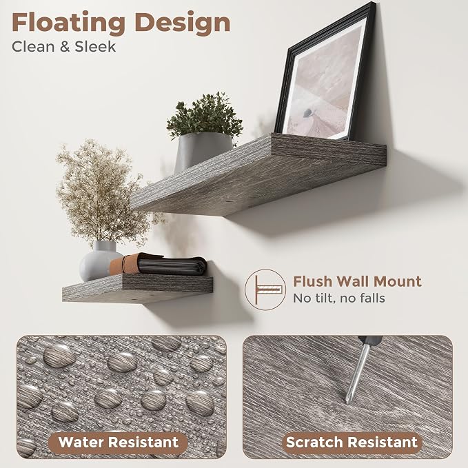 48 Inch Floating Shelves for Wall 2 Pack, 8"D Wood Grain Bathroom Shelves | Invisible Brackets, Grey Oak Finish, Easy Install | Engineered Wood Storage Shelves for Kitchen, Study, Bedroom