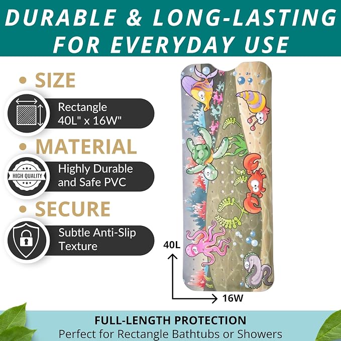 ENKOSI Bath Mat - Large Non Slip Bathtub & Shower Mat - Extra Long 40 x 16 Inch Bathroom Mats for Tub Nonslip Anti Slip Bathmats (Ocean Friends), 1 Pack | Fun ocean animals print for kids; Durable PVC; 40x16 in, Ocean Friends