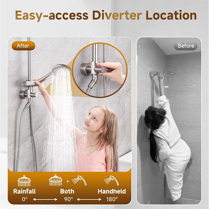 BRIGHT SHOWERS Rain Shower Heads System Including Rainfall Shower Head and Handheld Shower Head with Height Adjustable Holder, Solid Brass Rail, 60 Inch Long Stainless Steel Hose, Brushed Nickel