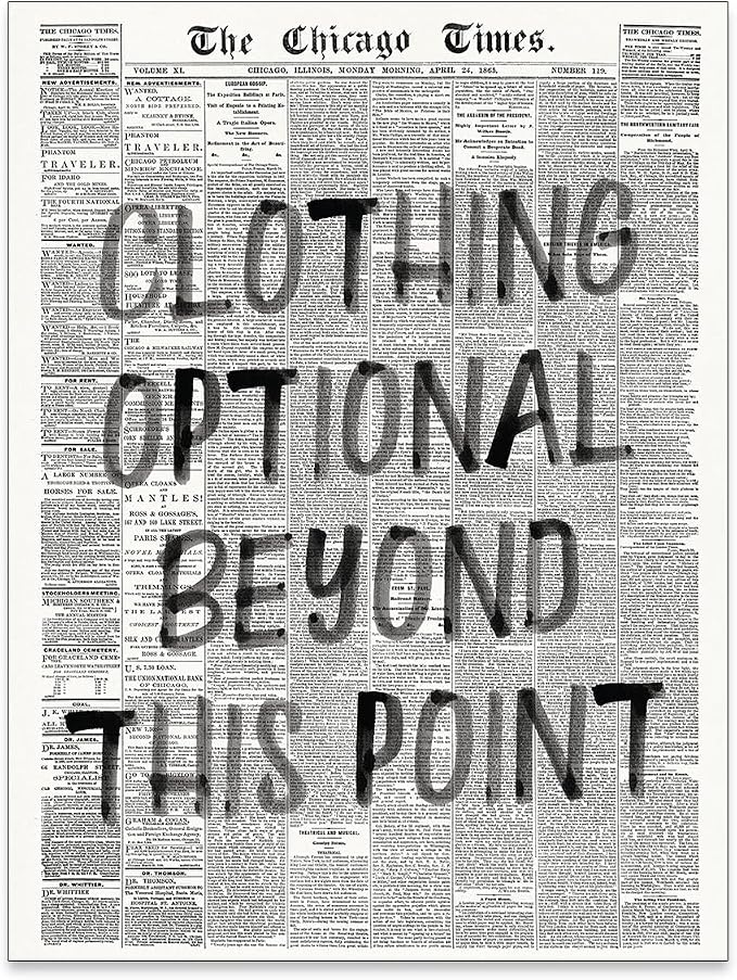 Haitunone Funny Bathroom Newspaper Poster Funky Black and White Aesthetic Wall Art Clothing Optional Fun Quotes Canvas Prints for Toilet Lavatory Wall Decor 08x10 inch Unframed