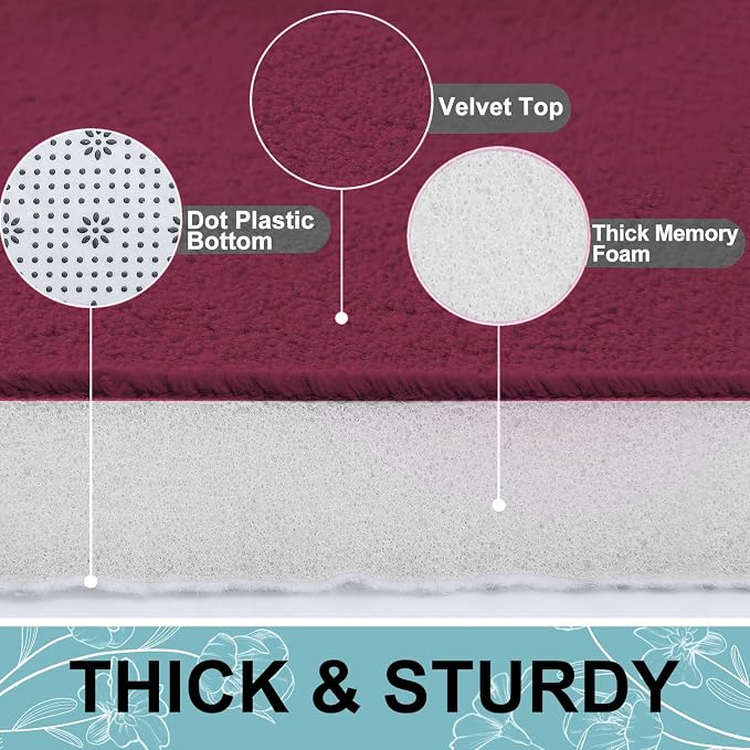Smiry Memory Foam Bath Mat 44x24, Extra Soft and Absorbent Bathroom Rugs | Burgundy, Quick Dry Machine Washable Non-Slip Bath Mat for Bathroom Floor, Shower and Tub