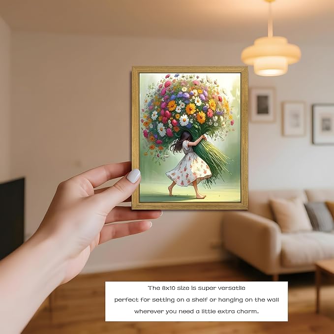 Wood Framed Pink Wildflower Canvas Wall Art, Girl Hugging Flowers Poster Prints Paintings, Teen Girls Preppy Bedroom Decor, Green Room laesthetic Picture for Kids Room Hallway Living Room 8x10 Inch