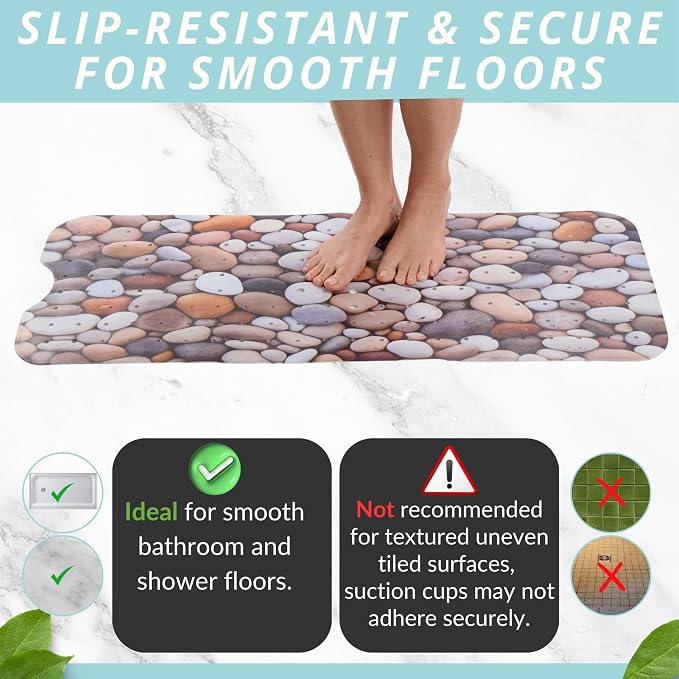 ENKOSI Non-Slip Bath & Shower Mat 40x16 Extra Long, Suction & Drain Holes | Pebble Stone spa look; Durable PVC; 40x16 in, Pebble Stone