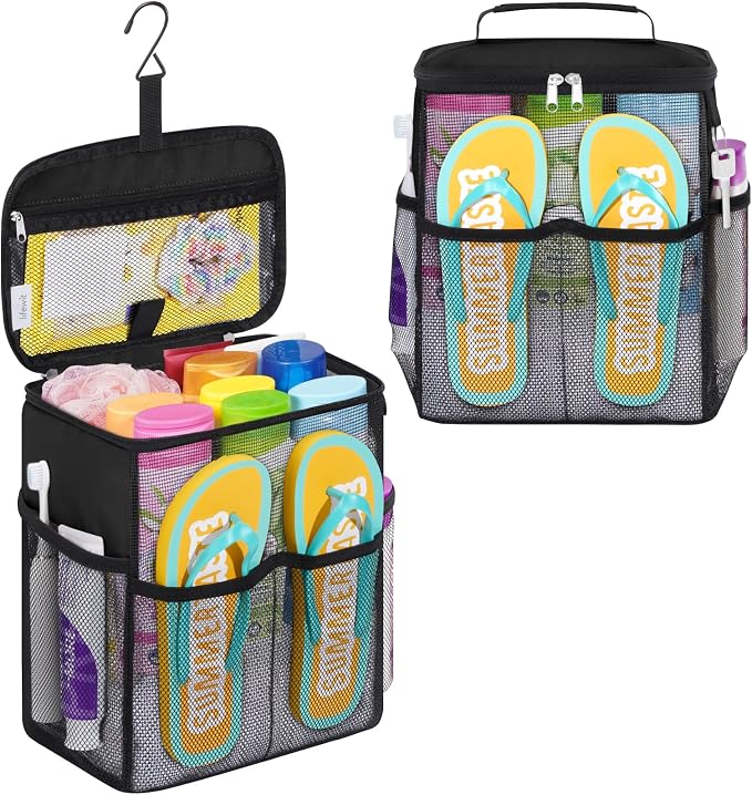 Lifewit Mesh Shower Caddy, Hanging Bathroom Organizer with Slipper pockets | Hanging Hook, Quick Dry, Portable, Toiletry Tote Bag, College Dorm Room Essentials for Beach, Gym, Camping, Travel, Black