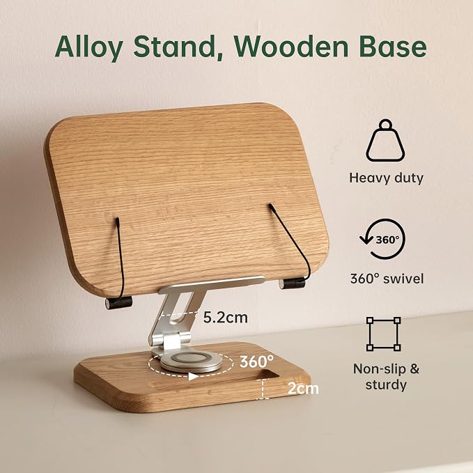 Solid Oak Wood Bookshelf, Adjustable Book Stand, 360° Rotatable Foldable Laptop & Cookbook Holder for Bedroom Office Study