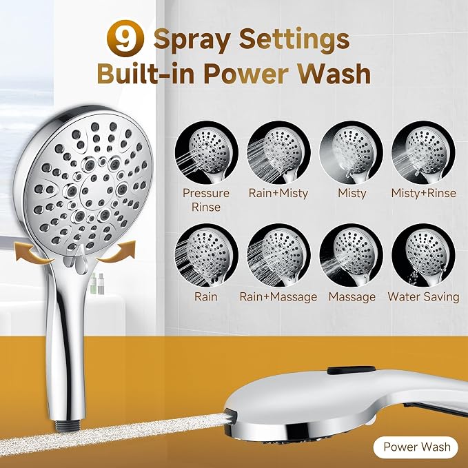 BRIGHT SHOWERS Rain Shower Heads System Including 9 Inch Rainfall Shower Head and Handheld Shower Head with Height Adjustable Holder, Solid Brass Rail and 60" Long Stainless Steel Shower Hose, Chrome