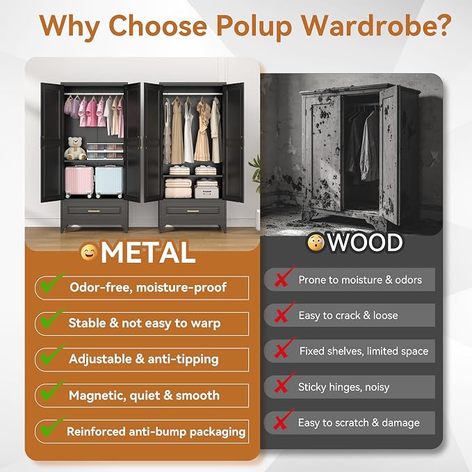 Polup 71" Black Metal Armoire Wardrobe Closet with Doors and 1 Drawer | Heavy Duty Steel Clothing Storage Cabinet, 180lbs Adjustable Shelves, Hanging Rod, for Office, Bedroom, Garage, Laundry