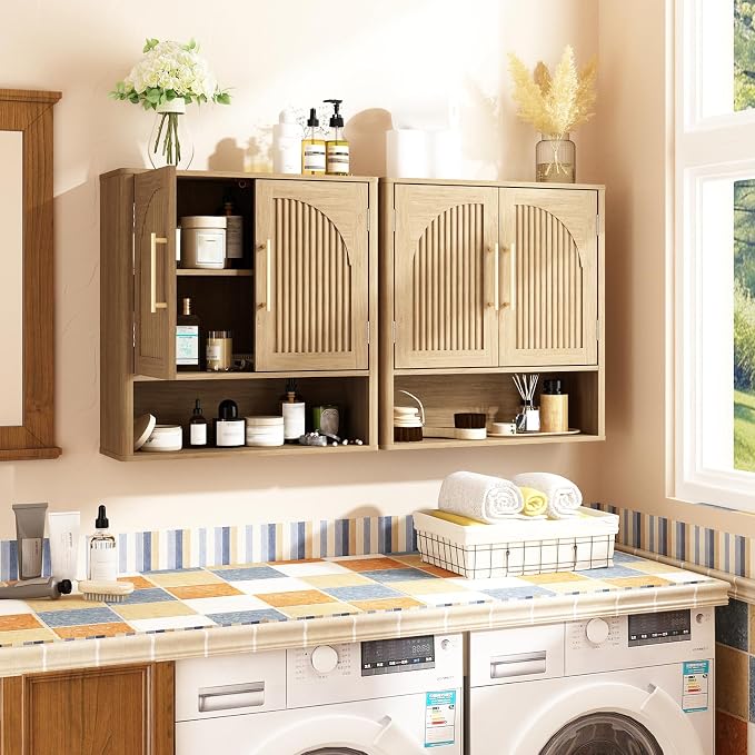 RUSTOWN Fluted Bathroom Wall Cabinet with Arched Doors & Rounded Edges | Over The Toilet Storage Cabinet with Adjustable Shelf, Mid Century Modern Medicine Cabinets, Laundry & Kitchen Shelving Unit
