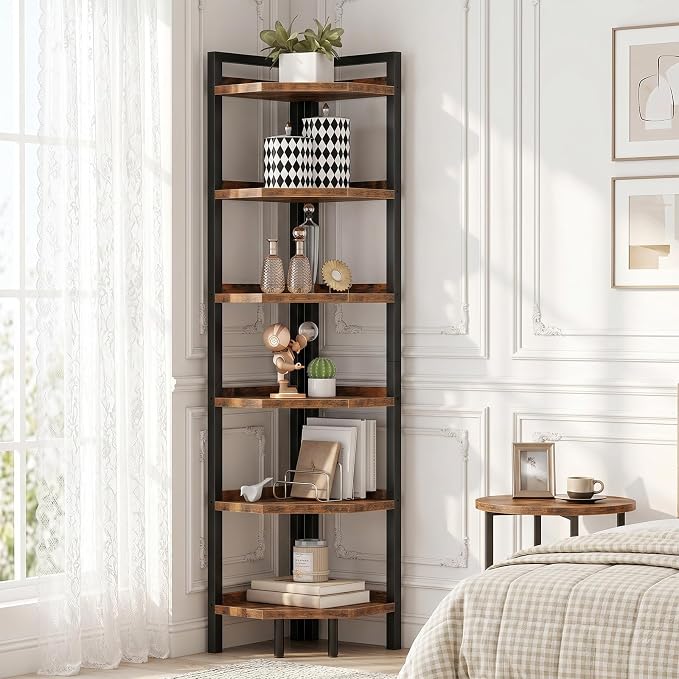 6-Tier Corner Shelf, Tall Corner Bookshelf, Freestanding Storage Stand, Display Shelving for Living Room, Bedroom, Home Office, Rustic Brown and Black TCJ39BF