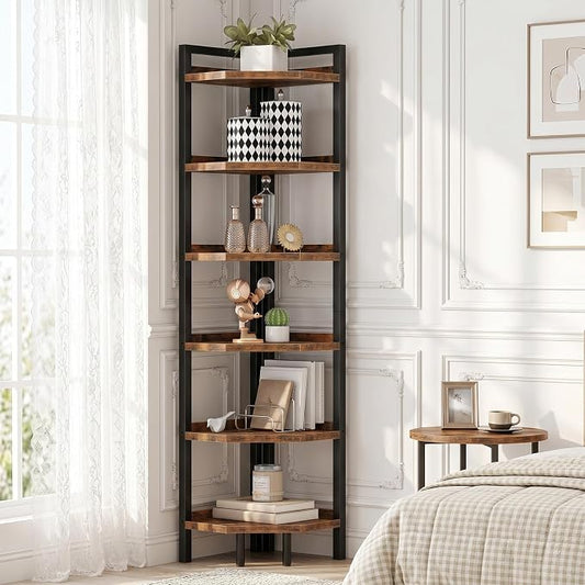 6-Tier Corner Shelf, Tall Corner Bookshelf, Freestanding Storage Stand, Display Shelving for Living Room, Bedroom, Home Office, Rustic Brown and Black TCJ39BF