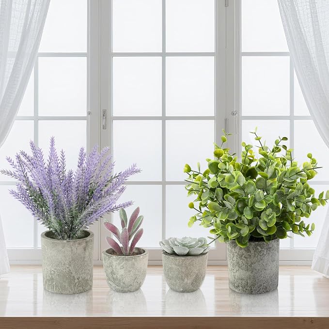 ALAGIRLS 4 Packs Fake Plants Lavender Artificial Plants | Fake Lavender Flowers, Eucalyptus Succulents Plants, Potted Faux Plants for Home Indoor Office Bathroom Living Room Decor