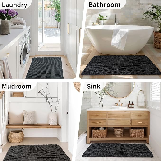 Black Bathroom Rug, Waffle Bath Mat Non Slip Washable, 24" x 36" | Super Absorbent Quick Dry Bath Mat, Boho Bathroom Mats, Soft Waffle Weave Farmhouse Bathroom Decor for Shower or Tub