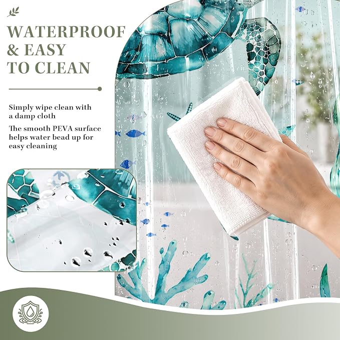 Clear Shower Curtain Liner, Sea Turtle Ocean PEVA, 72x72 Inch | Beach Coastal Waterproof Bath Plastic Shower Curtains Set with 3 Weighted Magnets and 12 Hooks for Bathroom Decor