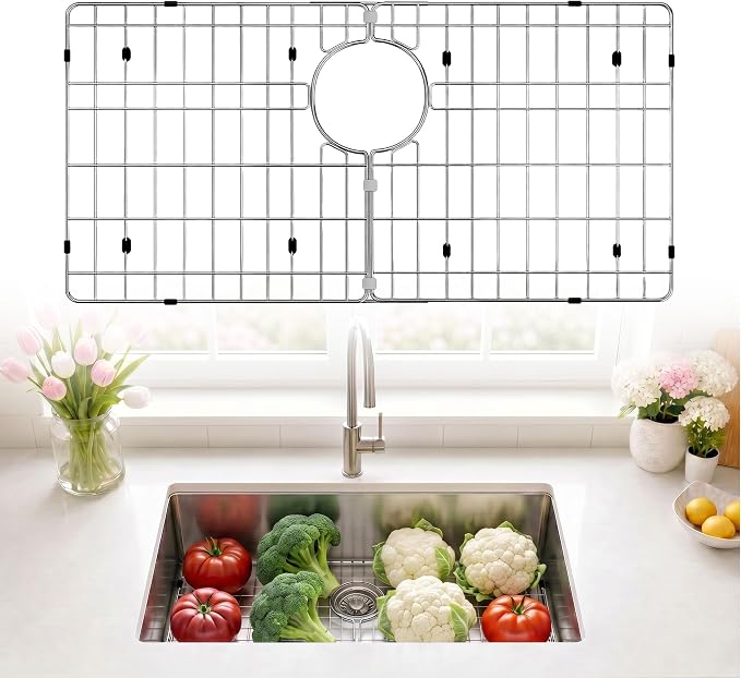 Stainless Steel Detachable Sink Grid (28-3/8" x 15-3/8" Rear Drain) | 304 Stainless Steel, Anti-Rust, Sink Bottom Protector, Scratch Proof, Rear Drain, Multi-Use Rack, Heavy Duty, Easy Clean