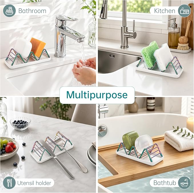 Stainless Steel Soap Dish Draining Soap Holder with Ceramic Tray, Colorful | Reversible Design Fits 2-3 Bars, Rustproof, Easy to Clean, Space Saving, Non Slip, for Bathroom, Shower, Kitchen