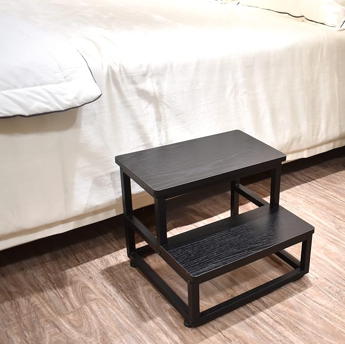 SZLHANJZ Step Stool, Wood & Metal Step Stools for Adults Kids, 500 LB Load | Bedside Steps for High Beds with Round Corners, 2 Steps Footstool for Adults, Stepping Stool for Kitchen Bedroom, Black
