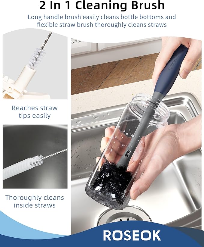 ROSEOK 2 in 1 Bottle Brush with Straw Cleaner Brush, Water Bottle Brush | For Cleaning Glass, Sports Bottle, Coffee Mug, Cup Cleaner, Gray, 1 Pack