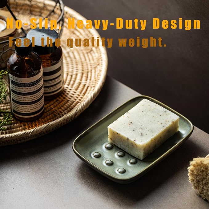 Miamolo Bar Soap Holder, Ceramic Soap Dish for Bathroom, Keep Soap Dry | Raised Ridges Extends Bar Life | Weighted Soap Tray, Non-Slip | for Kitchen Sink Bathtub Shower, Dishwasher Safe, Dark Green