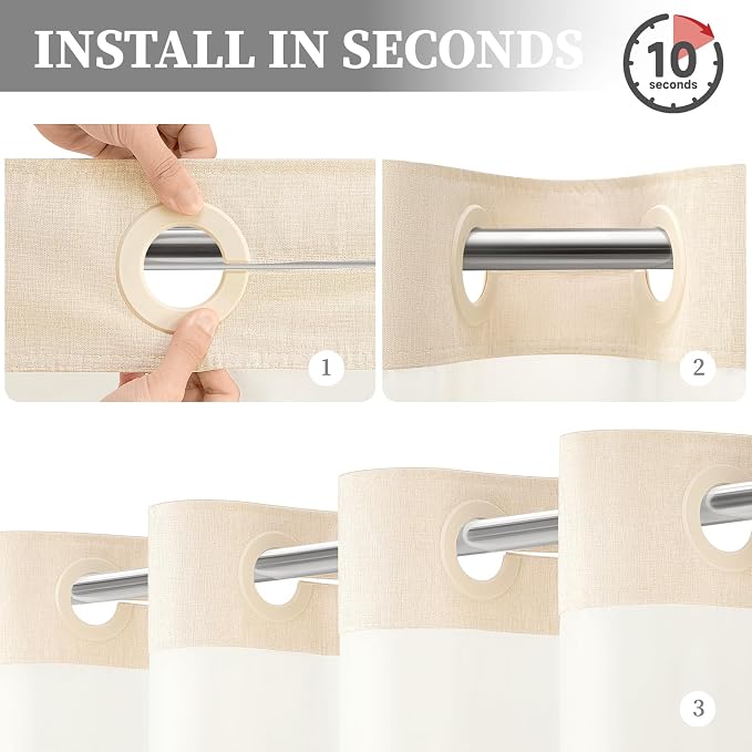 Cream Ringless Linen Textured Shower Curtain with Snap in Liner, 72x75 | 3 in 1 Hotel Shower Curtain Set, Removable Liner, Waterproof & Washable, Mesh Top Window, Durable Fabric, Easy to Install