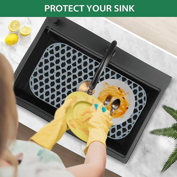 Silicone Sink Protector for Multi-Size Kitchen Sink(24"x13", Center Drain) | Flexible and durable, heat-resistant, machine washable, non-slip, gray grid.
