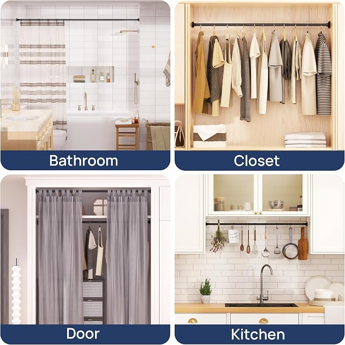 ENJOYBASICS 1" Black Shower Curtain Rod, 30-64" Adjustable, Secure Tension | Easy No-Drill Installation, No Tools, No Gaps, Sturdy Rust-Resistant Steel, Sag-Resistant Design, Tubs, RVs, Apartments