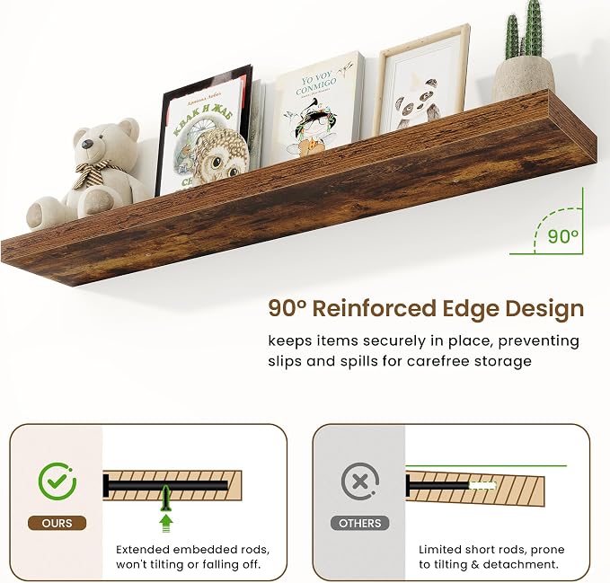 9.25in Depth 55in Floating Shelves, 55x9.25x1.4, Rustic Brown, Set of 1 | Long Wall Mounted Engineered Wood Shelves with Invisible Brackets for Living Room, Bedroom, Bathroom, Kitchen
