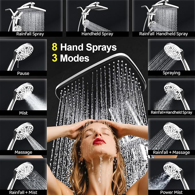 Rain Shower Head with filtered Handheld High Pressure rainfall Shower Heads with Handheld Spray Combo Adjustable one-piece stand daul shower head Built-in Magnetic Docking and Power Jets | Dual shower heads; one-piece bracket adjusts height and angle; ...