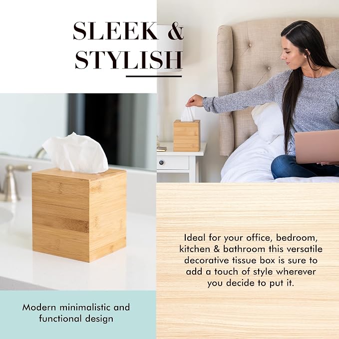 Design Tissue Box Holder - Modern, Minimalist, Durable Wooden Bamboo Box with Sliding Bottom, Easy-Refill - Premium-Quality Bamboo Cover, Square