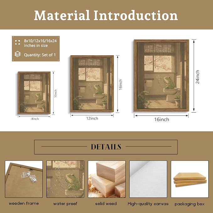 Framed Vintage Funny Bathroom Wall Art, Cute Frog Reading on Toilet Canvas Prints, Whimsical Japanese Style Animal Artwork, Retro Simple Wall Decor for Bathroom Bedroom Restroom 8x10in