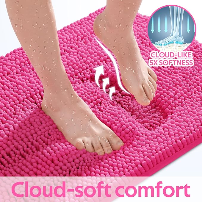 Christmas Striped Hot Pink Bathroom Rug Set 3 Pieces Ultra Soft, Non Slip Chenille Toilet Mat, Absorbent Plush Shaggy Bath Mats for Bathroom, Bedroom, Kitchen, Peach