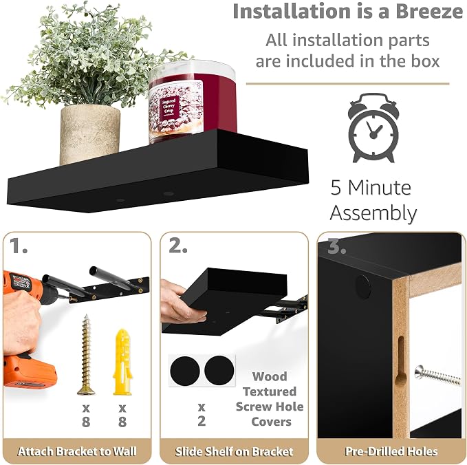 Sorbus Floating Shelves for Wall Set of 3 - Bathroom Shelves for Wall Storage, Over Toilet, Bedroom, Farmhouse, Decor - 2 Floating Shelves with Invisible Brackets & 1 Rectangular Box, Black