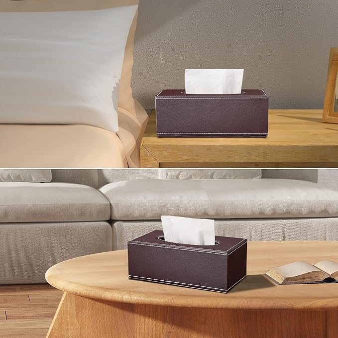 Tissue Box Cover Rectangle, PU Leather Tissue Box Holder Rectangular, Kleenex Box Covers for Home/Office/Car Decoration 9.84"X5.23"X3.77" - Brown