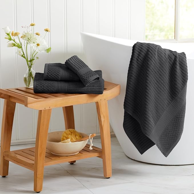 100% Cotton Bath Towel Set | 6-Piece Set | Textured | Black | Absorbent & Quick-Dry Bathroom Towels | Textured and Durable Cotton Towels for Bathroom | OEKO-TEX | Krista Collection