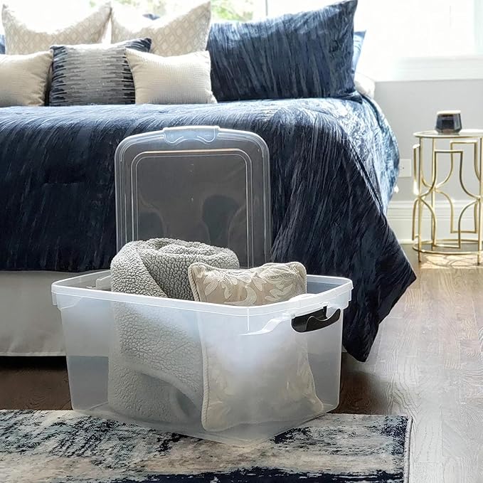 HOMZ Clear Plastic Storage Bins w/Latching Lid, 66 Qt, Gray Latch, 2 Pack | Large Stackable Container Boxes for Homes, Bathrooms, Garages, and Office Organization