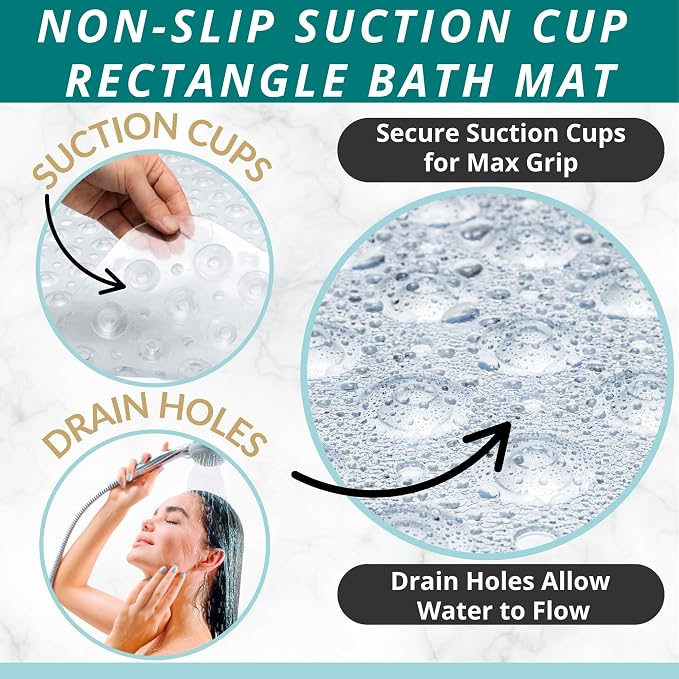 ENKOSI Non-Slip Bath & Shower Mat 40x16 Extra Long, Suction & Drain Holes | Clear look; Durable PVC; 40x16 in, Clear