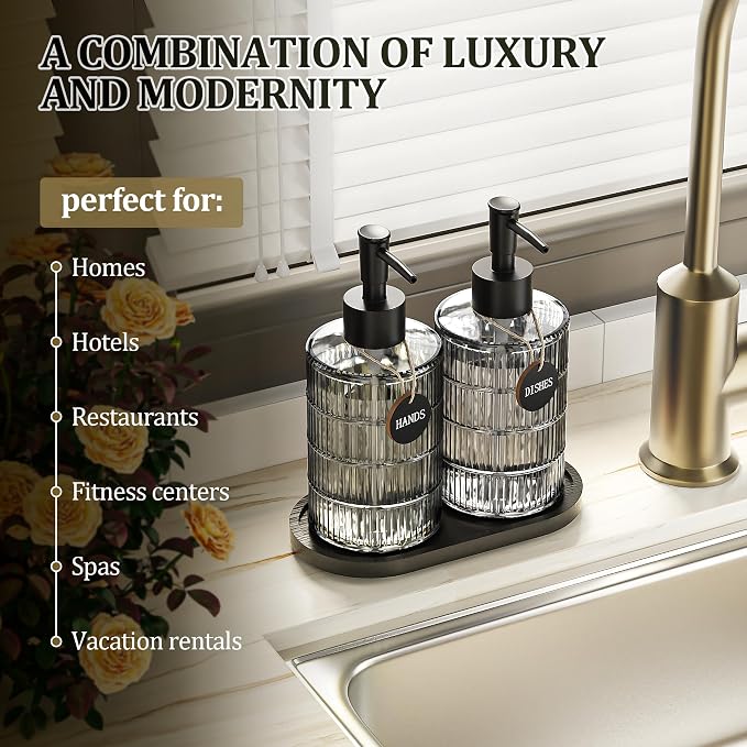 MASADI Soap Dispenser Set with Bamboo Tray, Dish and Hand Soap Lotion Dispenser Set with Wooden Pump for Kitchen and Bathroom Decor for Counter, Modern Vintage Liquid Soap Dispensers (Grey&Black)