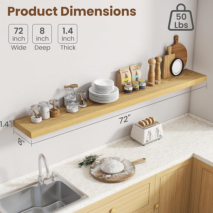 72 Inch Floating Shelves for Wall, 8 Inch Deep, Invisible Brackets, Oak | Rustic Wall Mounted Shelf, Storage & Display, Wooden Shelves for Living Room, Kitchen, Bathroom and Home Decor, Set of 2