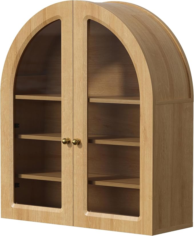 Arched Wall Cabinet, Large Bathroom Medicine Wall Mounted Cupboard, Farmhouse Floating Storage Cabinet with Acrylic Door Adjustable Shelf, Wood Organizer (Natural Oak)