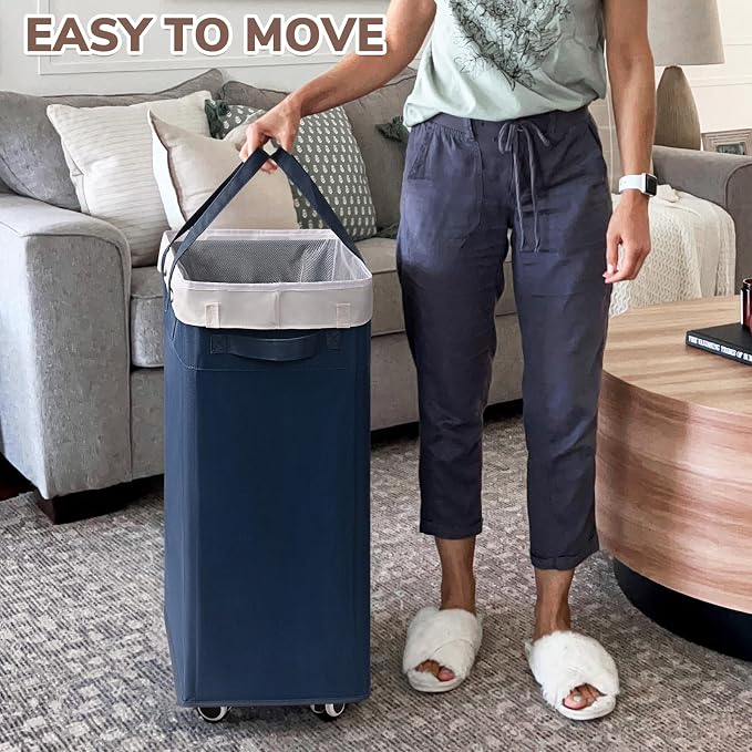 CHICVITA 75L Laundry Basket with Wheels for Dirty Clothes, Blue | College dorm essentials, smooth rolling wheels. Clothes hamper for living room, bedroom, laundry room